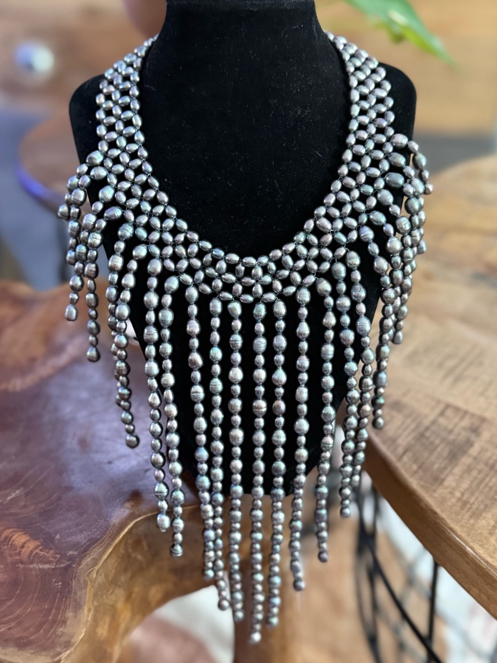 Vintage gunmetal gray pearl fringe bib statement necklace.